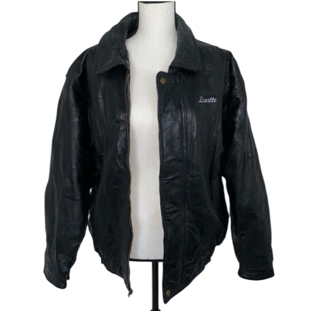Black Genuine Leather Embroidered Unisex Biker Jacket Size Medium